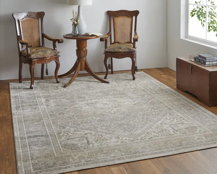 4' X 6' Tan and Brown Floral Power Loom Distressed Non Skid Area Rug