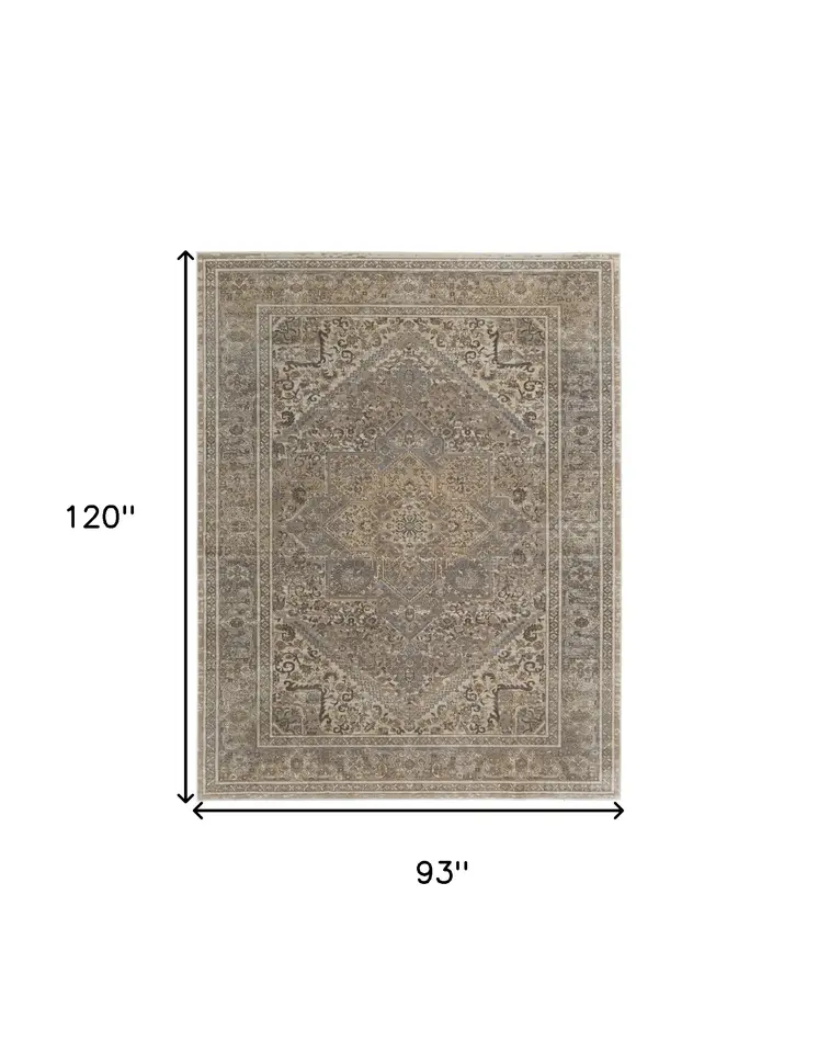 8' X 10' Tan Brown And Ivory Floral Power Loom Distressed Area Rug