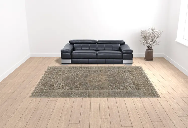 10' X 14' Tan Brown And Ivory Floral Power Loom Distressed Area Rug