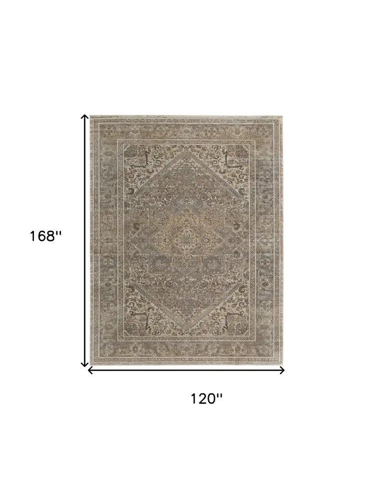 10' X 14' Tan Brown And Ivory Floral Power Loom Distressed Area Rug