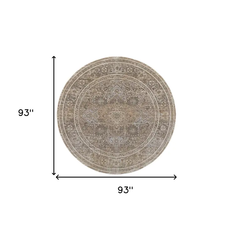 8' Brown and Ivory Round Medallion Power Loom Distressed Area Rug