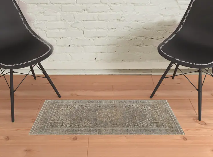 2' X 3' Tan Brown And Ivory Floral Power Loom Distressed Area Rug