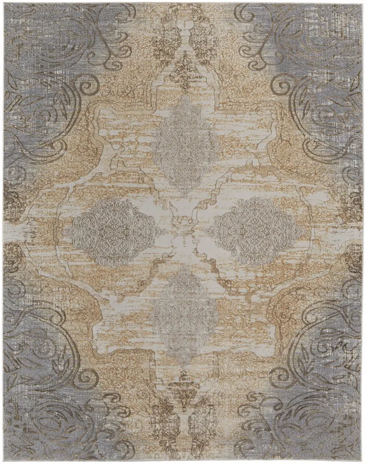 8' X 10' Silver Tan And Gray Floral Power Loom Area Rug