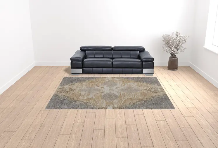9' X 12' Silver Tan And Gray Floral Power Loom Area Rug