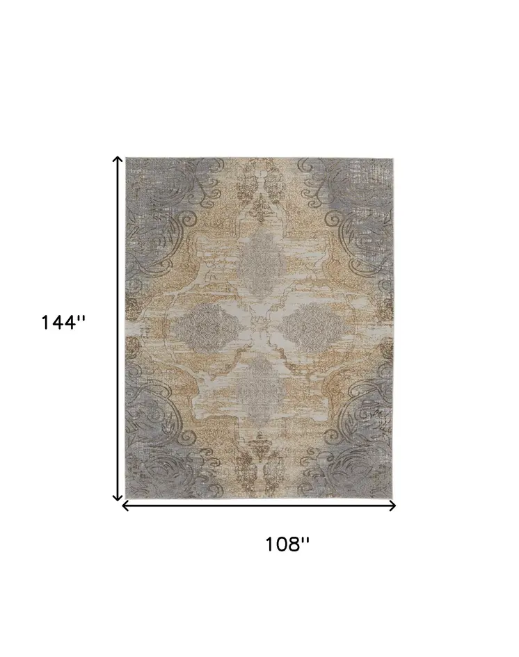 9' X 12' Silver Tan And Gray Floral Power Loom Area Rug