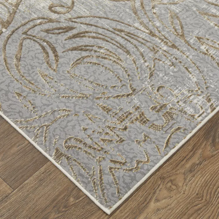 9' X 12' Silver Tan And Gray Floral Power Loom Area Rug