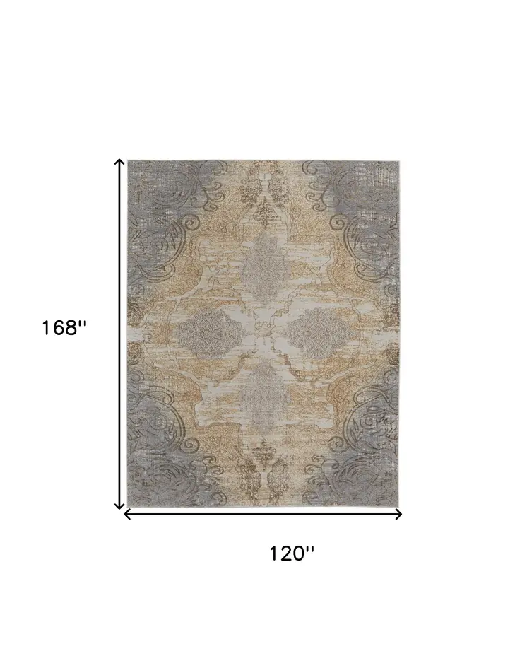 10' X 14' Silver Tan And Gray Floral Power Loom Area Rug