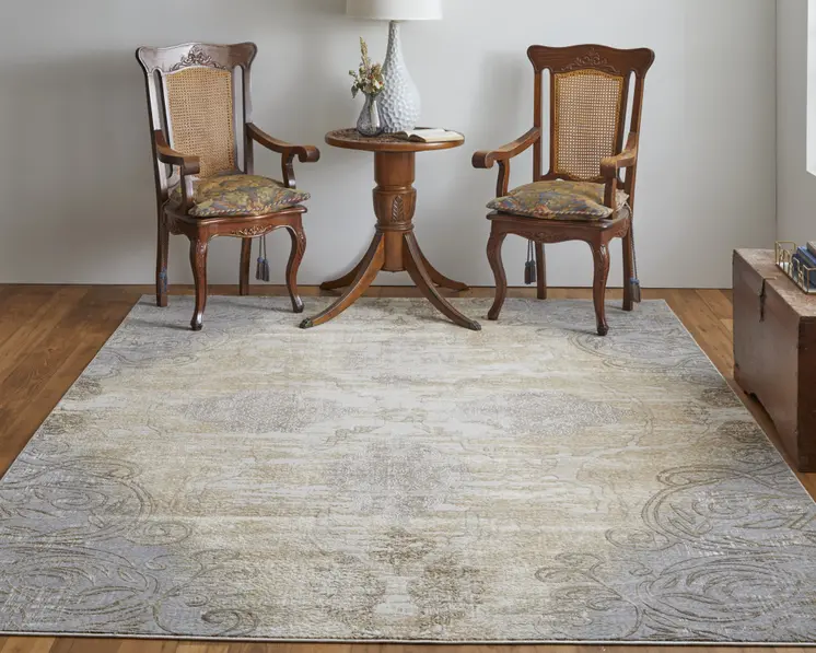 12' X 15' Silver Tan And Gray Floral Power Loom Area Rug