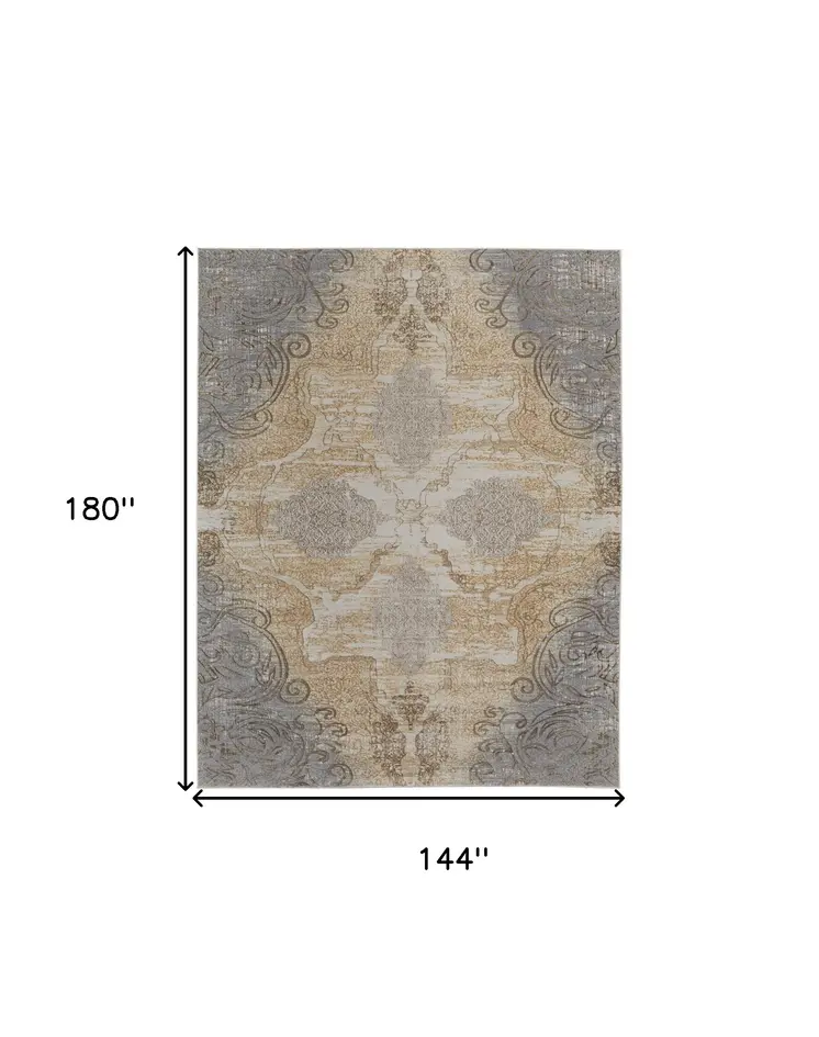 12' X 15' Silver Tan And Gray Floral Power Loom Area Rug