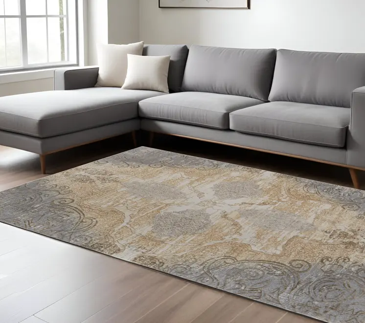 12' X 15' Silver Tan And Gray Floral Power Loom Area Rug