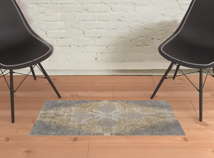 2' X 3' Silver Tan And Gray Floral Power Loom Area Rug