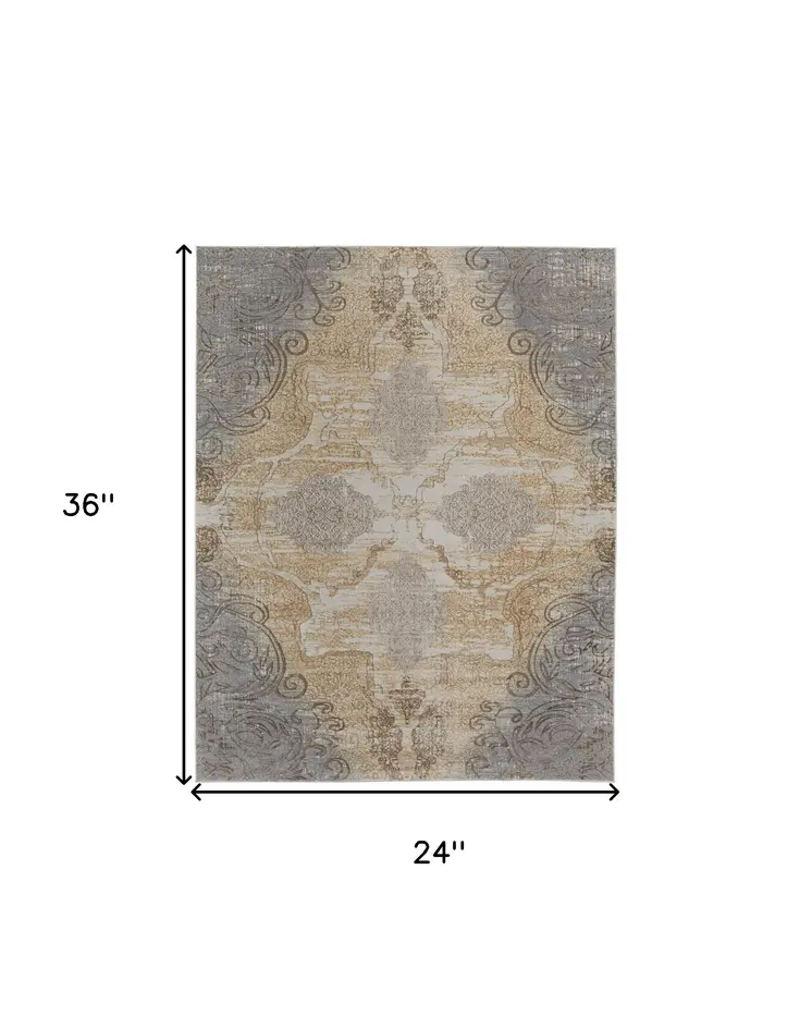 2' X 3' Silver Tan And Gray Floral Power Loom Area Rug