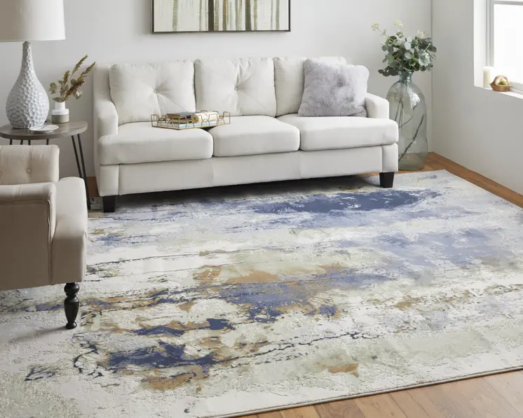 9' X 12' Blue Orange And Ivory Abstract Power Loom Area Rug