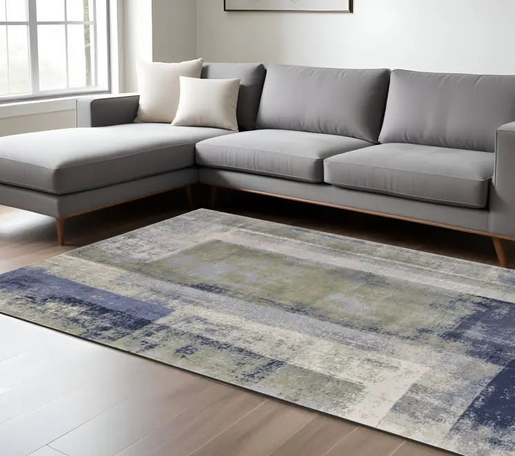 8' X 10' Blue and Ivory Abstract Power Loom Distressed Area Rug