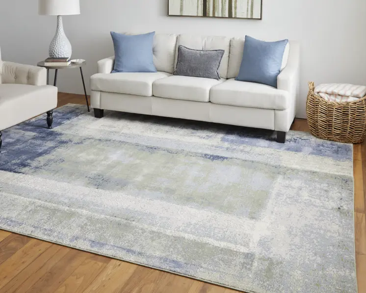 8' X 10' Blue and Ivory Abstract Power Loom Distressed Area Rug