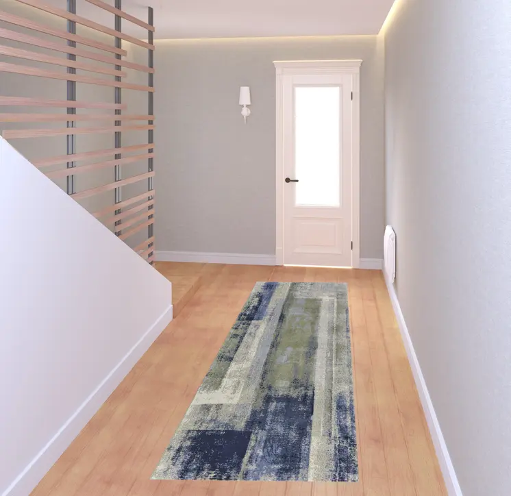 8' Blue Green And Ivory Abstract Power Loom Distressed Runner Rug