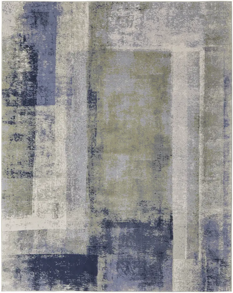 12' X 15' Blue Green And Ivory Abstract Power Loom Distressed Area Rug