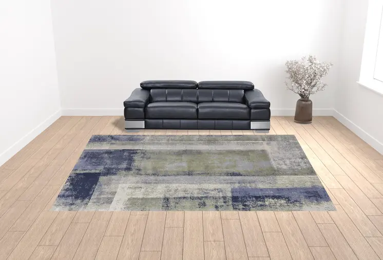 12' X 15' Blue Green And Ivory Abstract Power Loom Distressed Area Rug