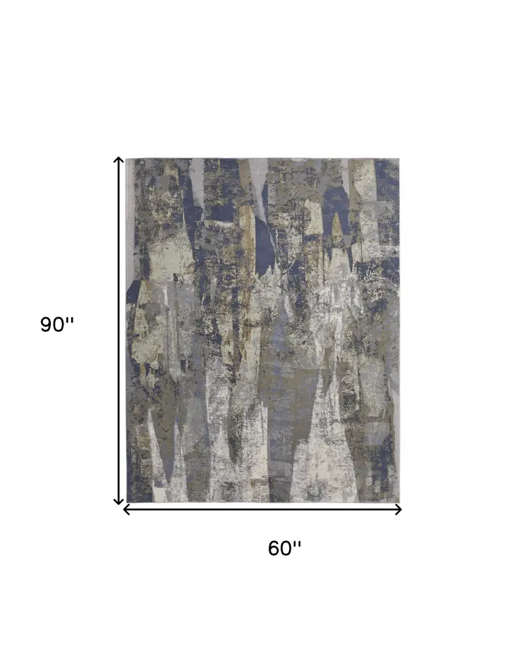 5' X 8' Blue and Gray Abstract Power Loom Distressed Area Rug