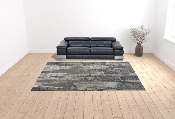 10' X 13' Blue Gray And Tan Abstract Power Loom Distressed Area Rug
