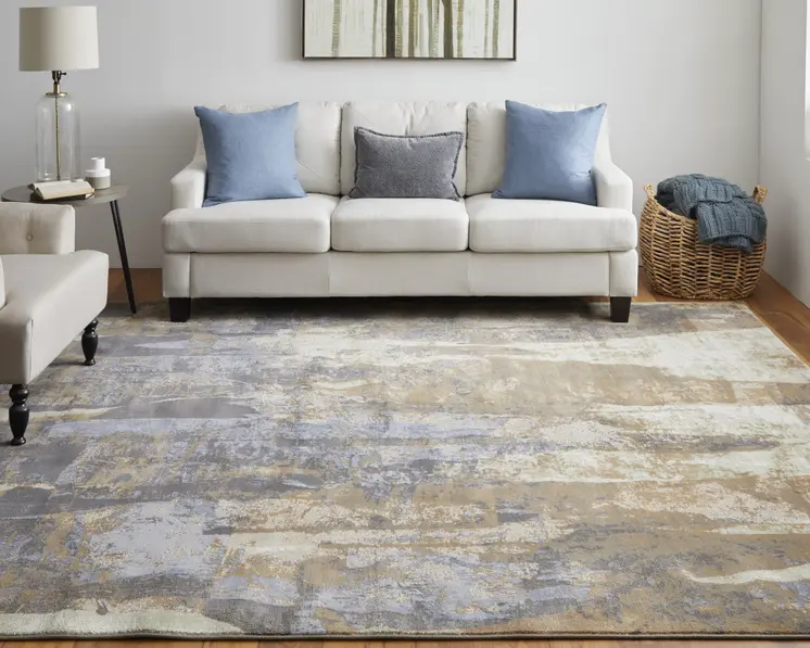 4' X 6' Blue and Ivory Abstract Power Loom Distressed Area Rug