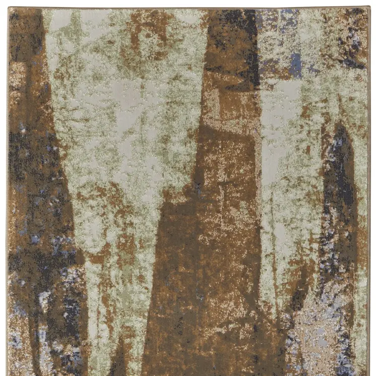 8' Brown Blue And Ivory Abstract Power Loom Distressed Runner Rug
