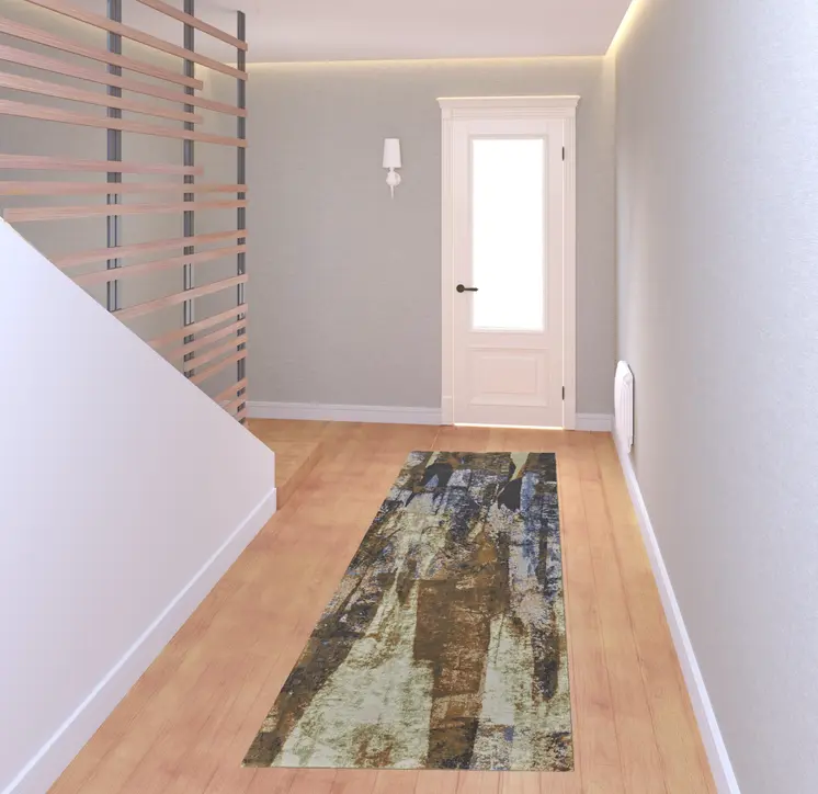 8' Brown Blue And Ivory Abstract Power Loom Distressed Runner Rug