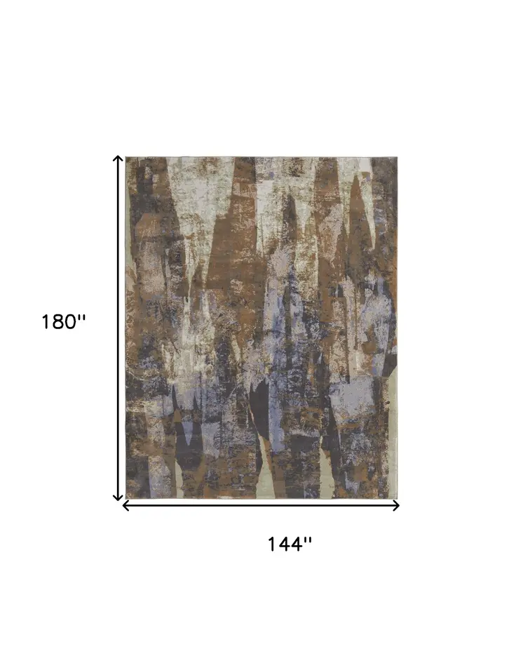 12' X 15' Brown Blue And Ivory Abstract Power Loom Distressed Area Rug