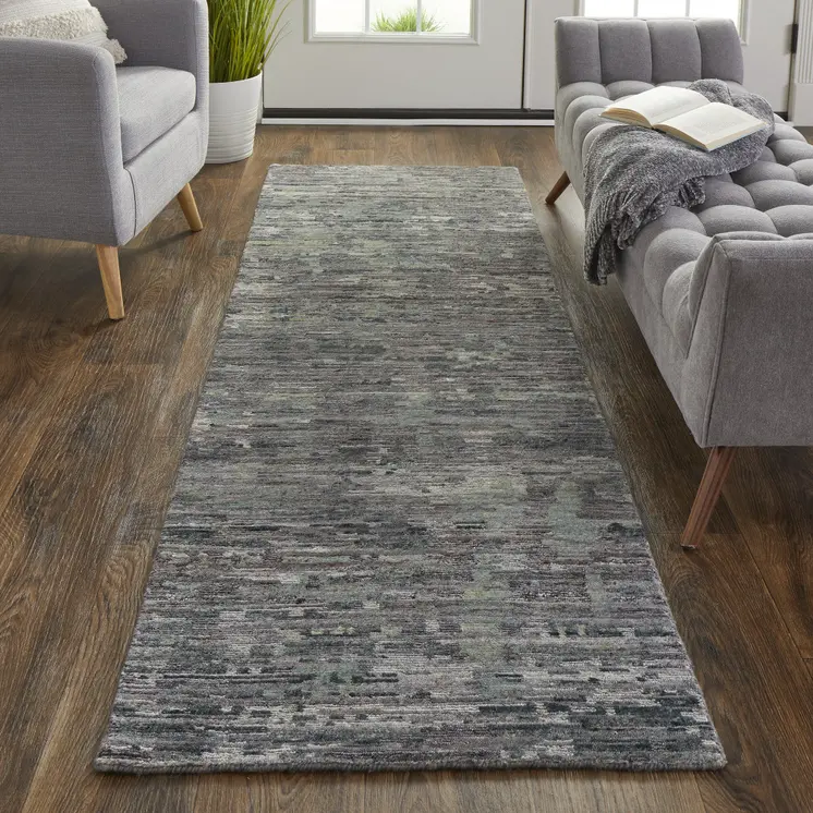 8' Blue and Gray Wool Abstract Hand Knotted Runner Rug