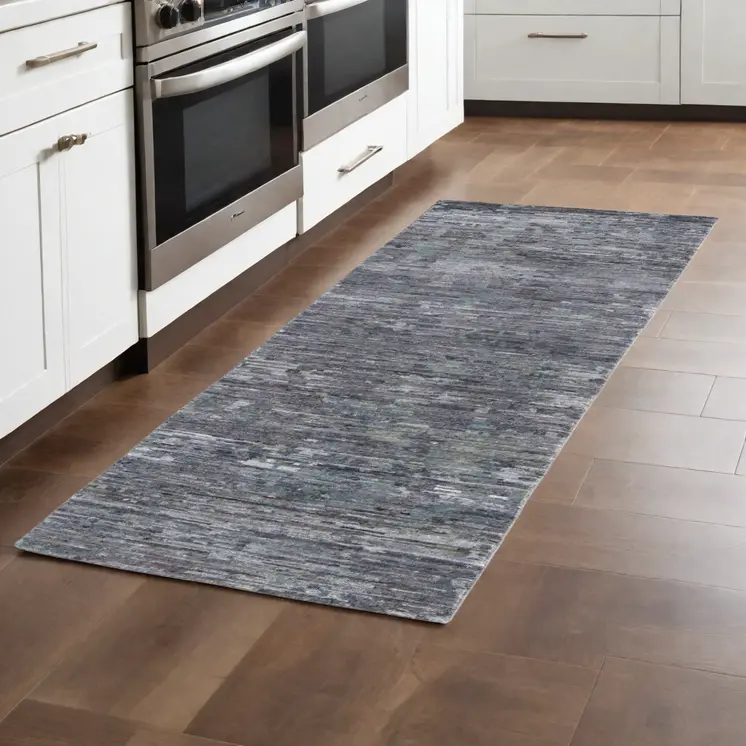 8' Blue and Gray Wool Abstract Hand Knotted Runner Rug