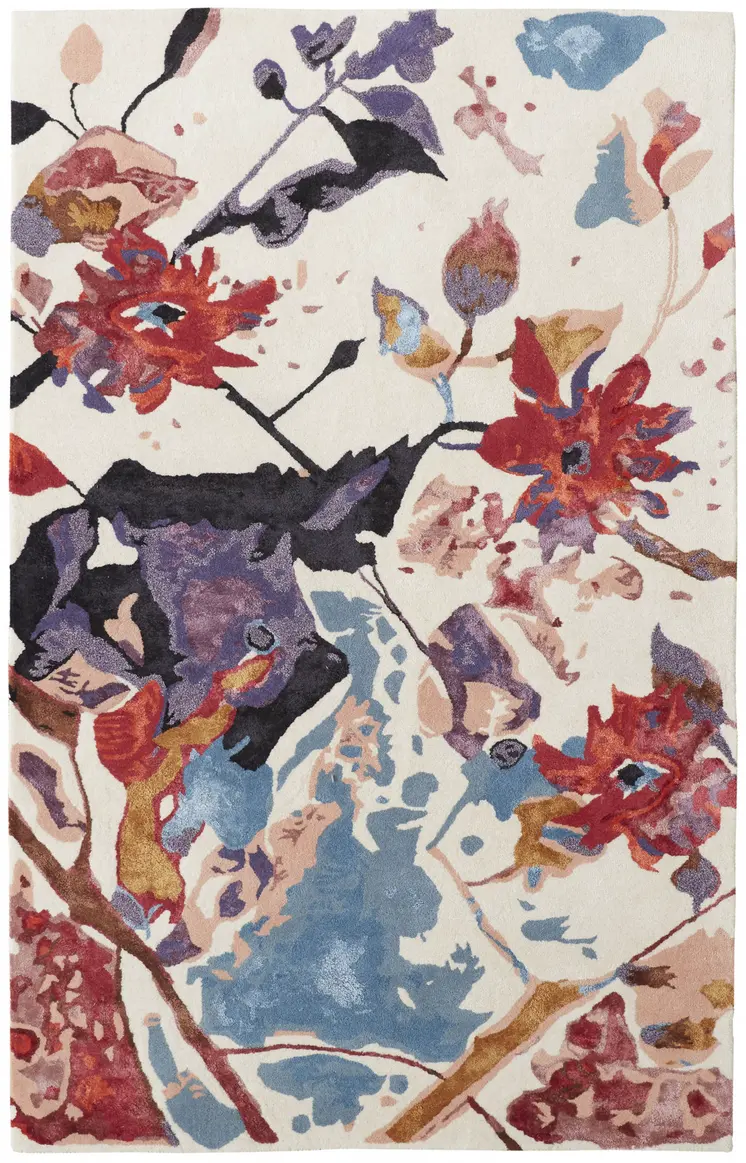 2' X 3' Blue and Red Floral Hand Tufted Area Rug