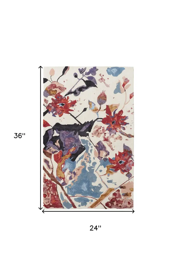 2' X 3' Blue and Red Floral Hand Tufted Area Rug