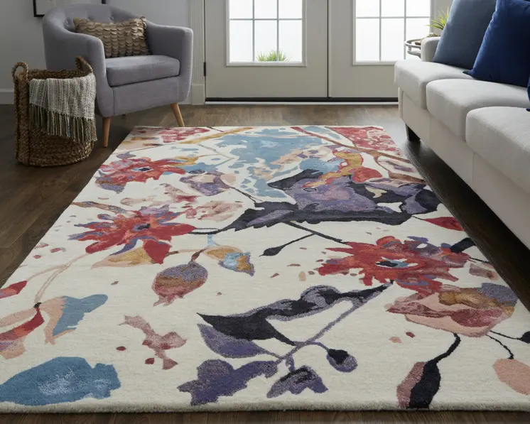 2' X 3' Blue and Red Floral Hand Tufted Area Rug