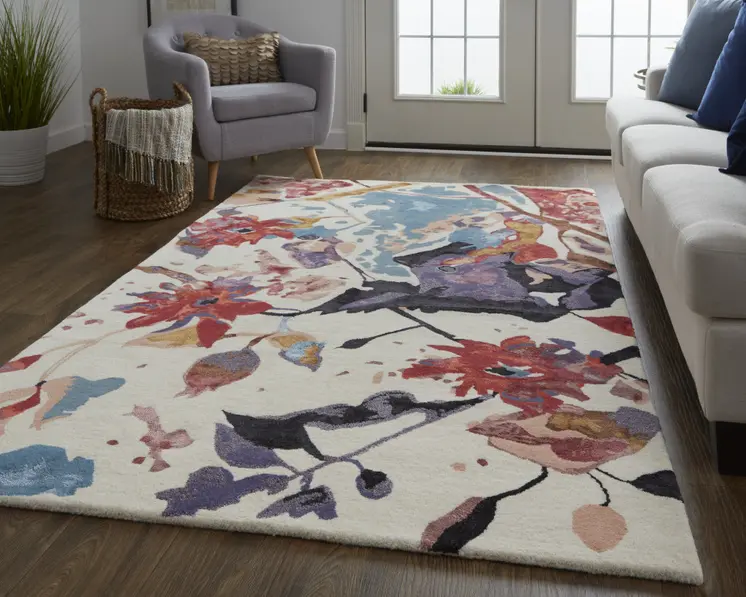 2' X 3' Blue and Red Floral Hand Tufted Area Rug