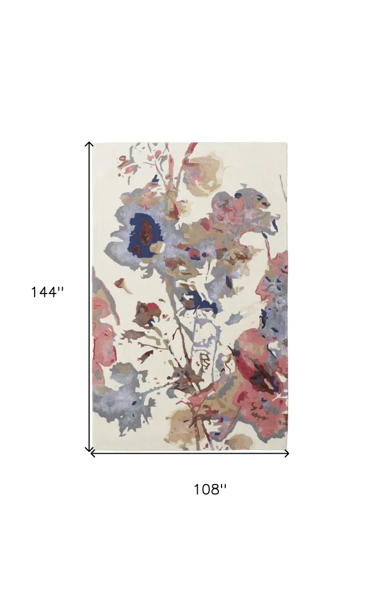 9' X 12' Ivory and Blue Wool Floral Hand Tufted Area Rug