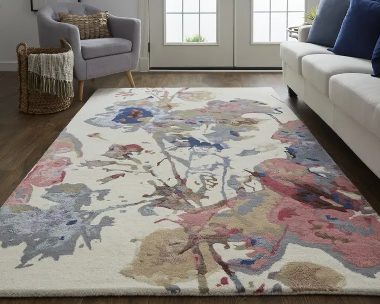 9' X 12' Ivory and Blue Wool Floral Hand Tufted Area Rug