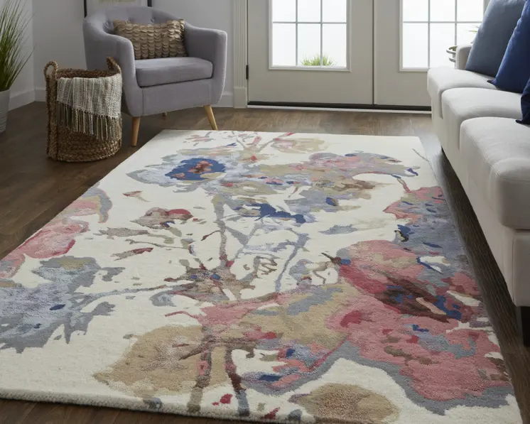 9' X 12' Ivory and Blue Wool Floral Hand Tufted Area Rug