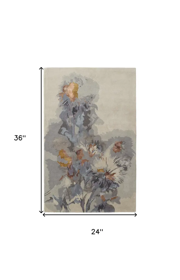 2' X 3' Blue and Gray Wool Floral Hand Tufted Area Rug