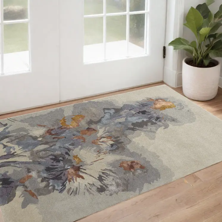 2' X 3' Blue and Gray Wool Floral Hand Tufted Area Rug