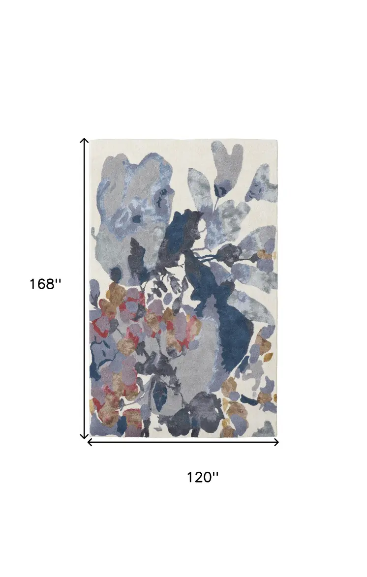 10' X 14' Blue Gray and Pink Wool Floral Hand Tufted Area Rug