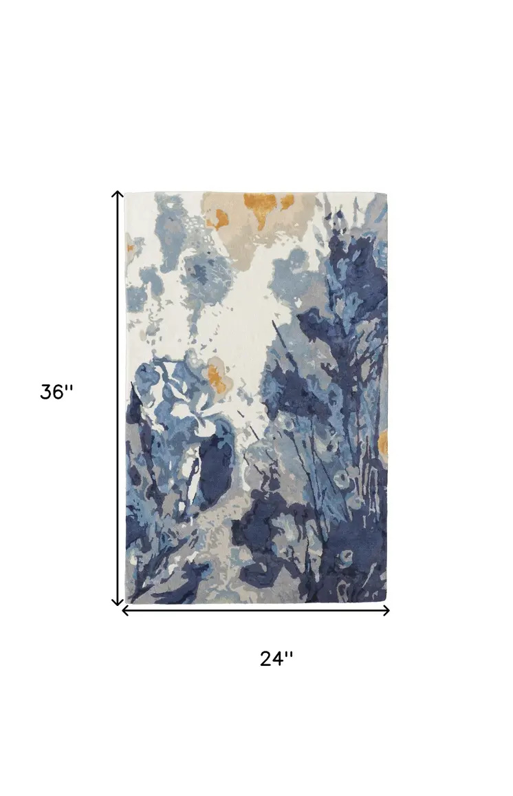 2' X 3' Blue Wool Floral Hand Tufted Area Rug