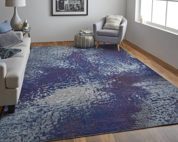 9' X 12' Blue Purple And Ivory Abstract Power Loom Stain Resistant Area Rug