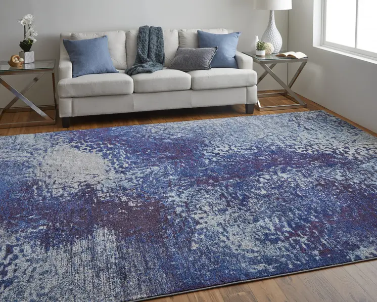 9' X 12' Blue Purple And Ivory Abstract Power Loom Stain Resistant Area Rug