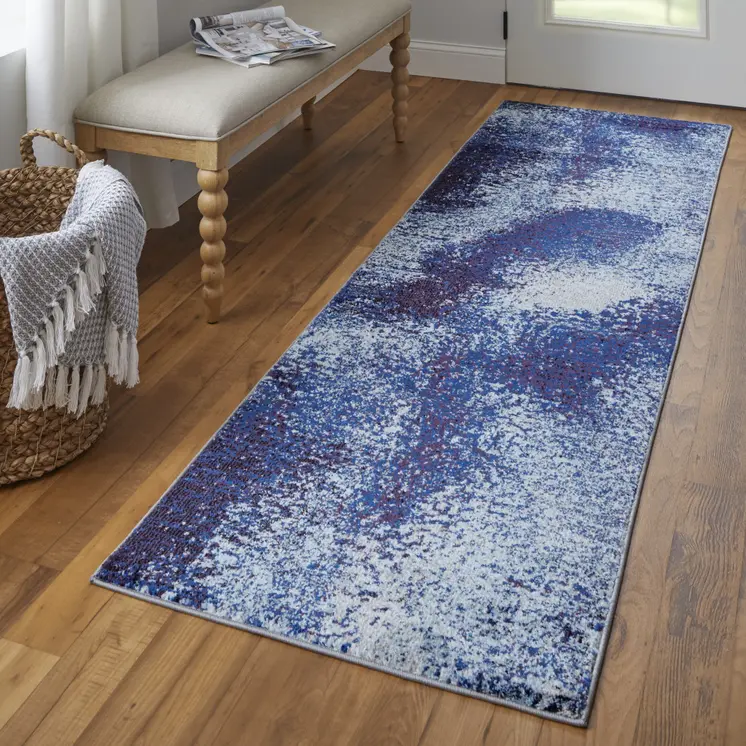 8' Blue and Purple Abstract Power Loom Runner Rug
