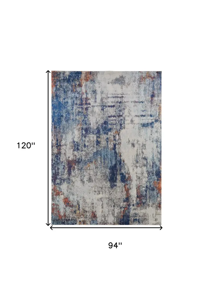 8' X 10' Ivory and Blue Abstract Power Loom Distressed Non Skid Area Rug