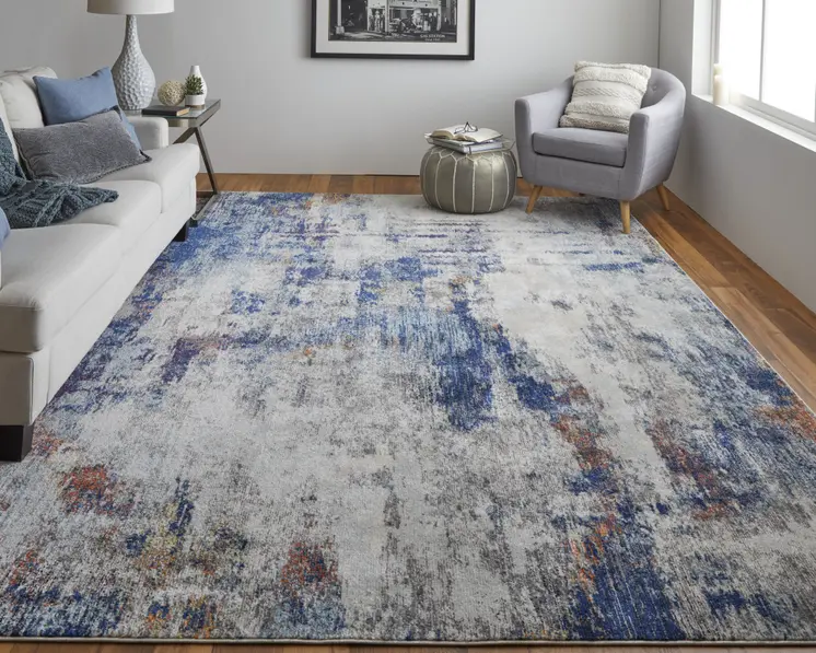 8' X 10' Ivory and Blue Abstract Power Loom Distressed Non Skid Area Rug