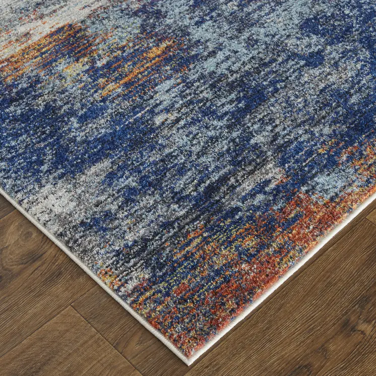 8' X 10' Ivory and Blue Abstract Power Loom Distressed Non Skid Area Rug