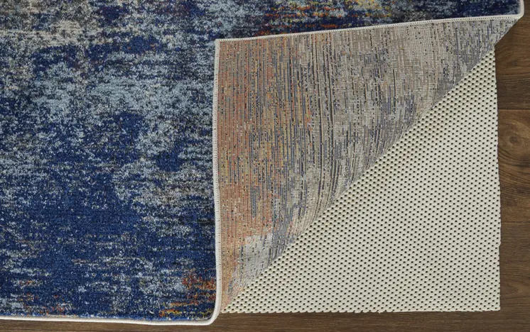 8' X 10' Ivory and Blue Abstract Power Loom Distressed Non Skid Area Rug