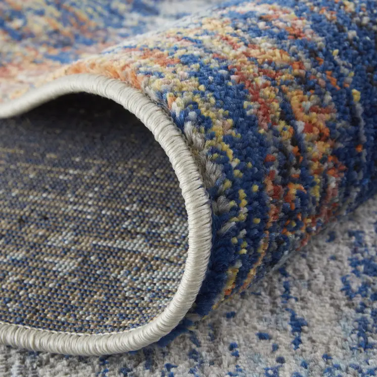 8' X 10' Ivory and Blue Abstract Power Loom Distressed Non Skid Area Rug