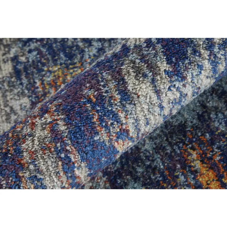 8' Ivory and Blue Abstract Power Loom Distressed Runner Rug
